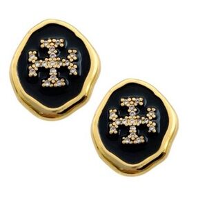NEW Tory Burch black enamel gold tone resin stud earrings small